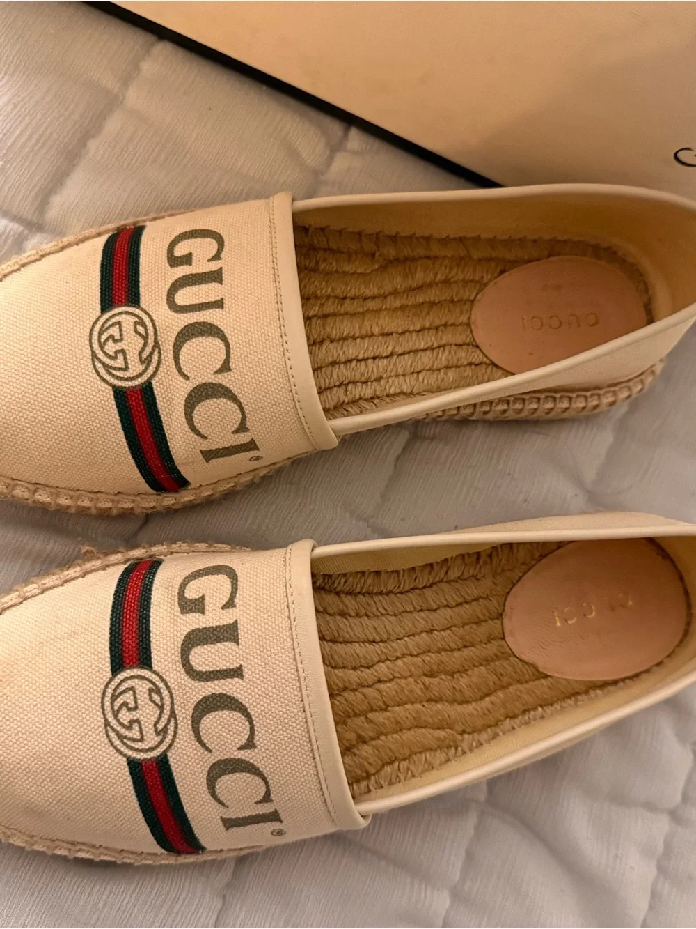 Gucci Beige Canvas Logo Espadrilles with Red-Green Web Stripe